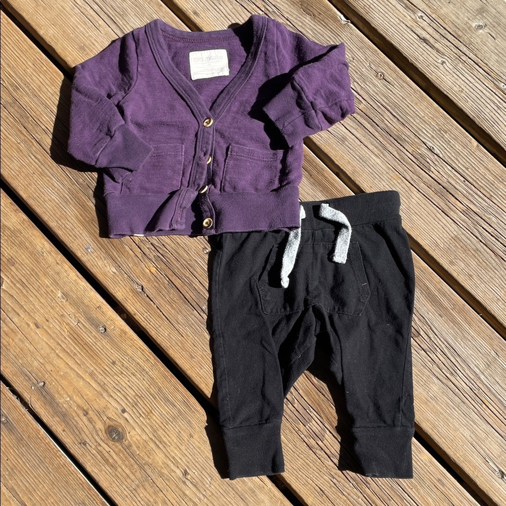 🇨🇦 MINI MIOCHE 3-6M Baby Purple Cardigan Black Sweatpants Infant Organic Cotton